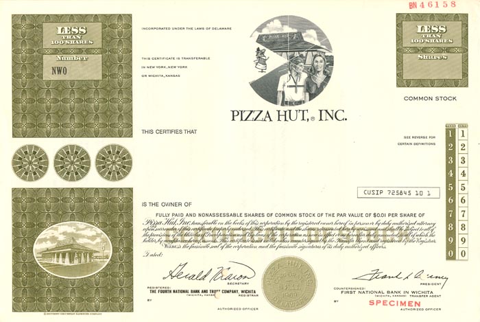 Pizza Hut, Inc. - Famous Pizza Restaurant Chain - Specimen Stock Certificate